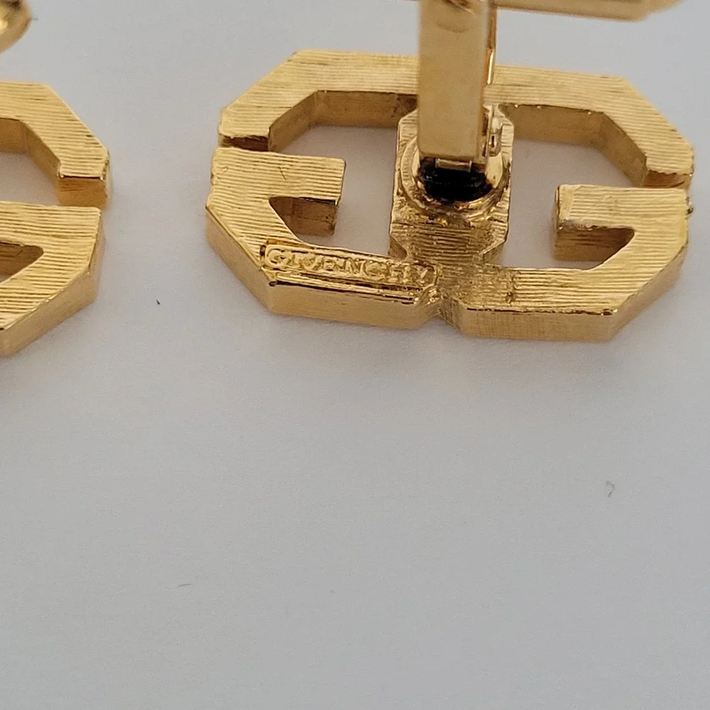 Givenchy Vintage Double G Logo Cufflinks Gold Tone Geometric Designer Mens Acces